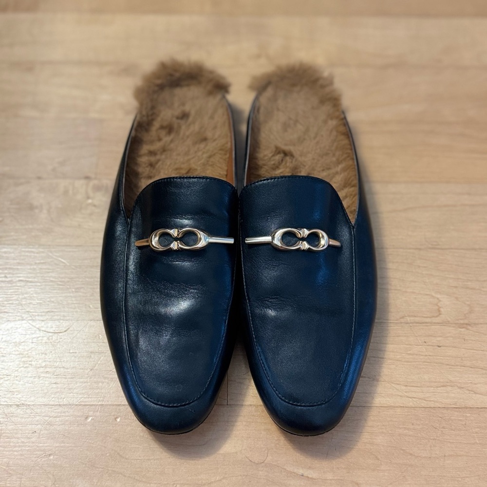 Women’s Coach Black Sienna Sherpa Slides with Gold Accent